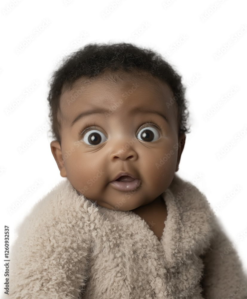 Adorable Baby with Big Eyes and Surprised Expression Wearing a Soft Fuzzy Outfit, isolated on white transparent background, PNG, Generative AI
