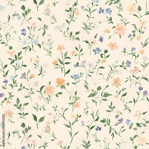 Wallpaper Mural Serene floral pattern with intricate wildflowers in pastel peach, lilac, pale blue, and pale green, scattered on a light neutral background for a peaceful, vintage-inspired atmosphere.

 Torontodigital.ca