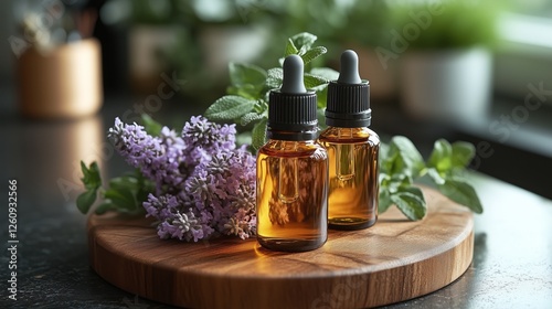 Bottles of essential oil among fresh fruits and berries on a wooden surface