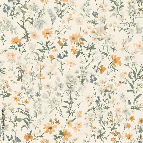 Wallpaper Mural Serene floral pattern with intricate wildflowers in pastel peach, lilac, pale blue, and pale green, scattered on a light neutral background for a peaceful, vintage-inspired atmosphere.

 Torontodigital.ca