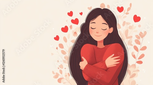 Young woman hugging herself showing self love and acceptance