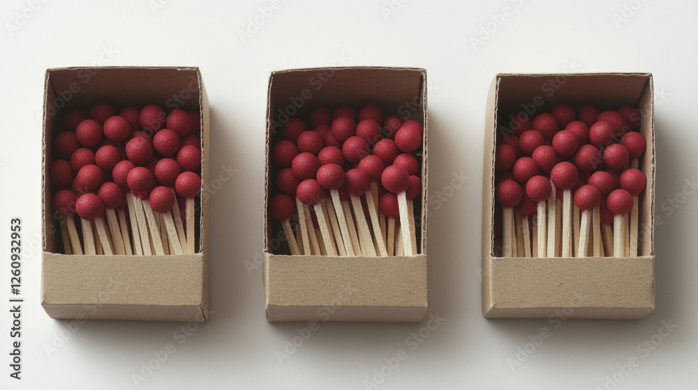 Three Open Matchboxes Filled With Red-Tipped Wooden Matches On A Light Background Three Open Matchboxes Filled With Red-Tipped Wooden Matches On A Light Background