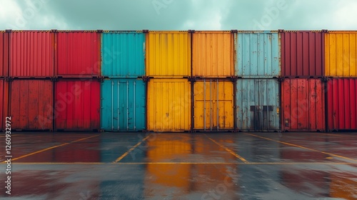 Colorful shipping containers lined up in urban setting for trade and transpor...