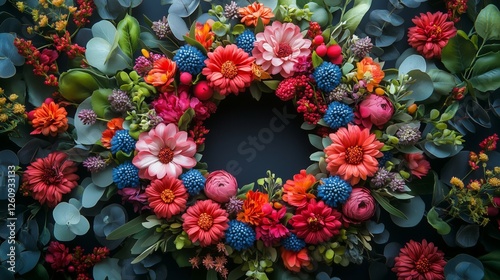 Colorful floral wreath made with various flowers and greenery arranged beauti...