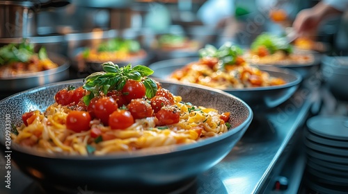 Delicious pasta dishes garnished with fresh basil served in a busy restaurant...