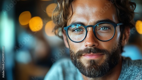 Man with glasses smiling softly in a cozy caf during early afternoon