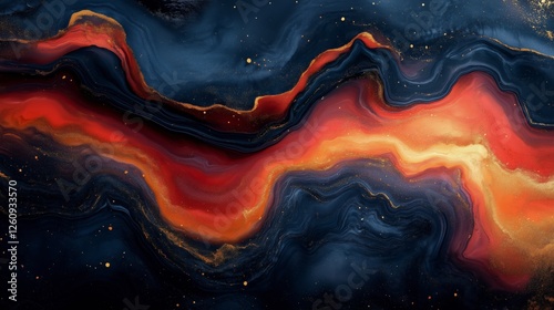 Vivid abstract composition featuring bold red and orange swirls on a dark bac...