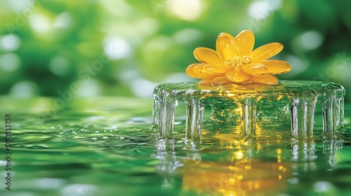 Golden flower atop a cascading water fountain