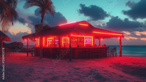 Sunset view of a beach bar with vibrant colors reflecting on calm water