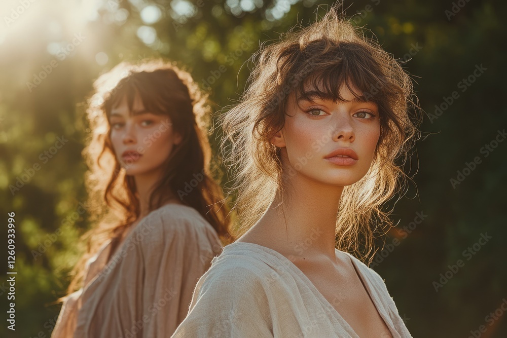 Fototapeta premium Two young women with long brown hair, wearing light beige dresses, stand outdoors in golden sunlight.