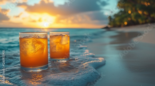 Relaxing beach sunset with cocktails at the shoreline