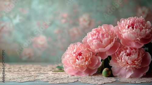Pink peonies in full bloom against a soft pastel background in a floral arran...