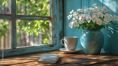 Relaxing morning with coffee and flowers by a sunny window