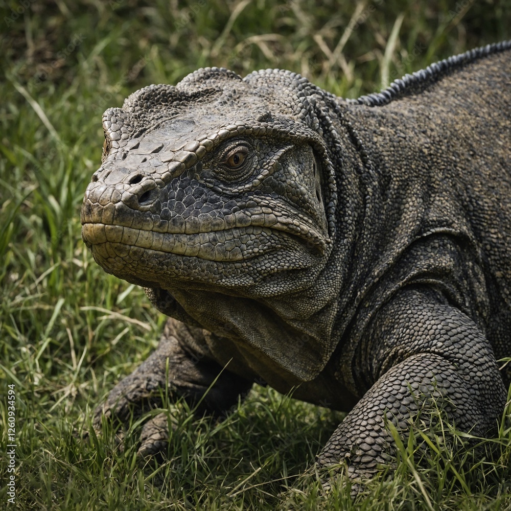 Obraz premium A Komodo dragon prowling through the grass.