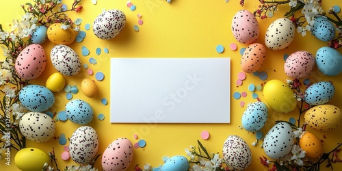 Colorful Easter egg arrangement with decorative elements on a bright yellow background