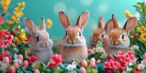 Colorful rabbits surrounded by spring flowers and Easter eggs in a cheerful g...