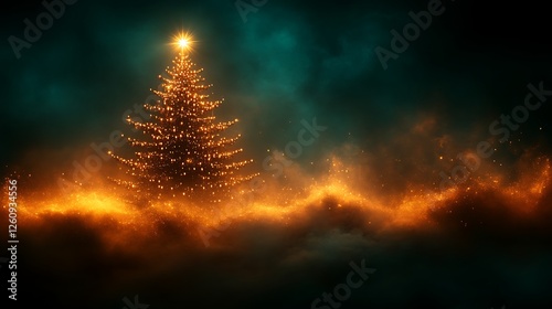 A luminous Christmas tree glows brightly in a mystical night scene