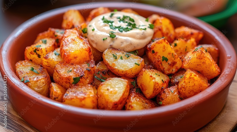 Patatas bravas, spanish deep fried potatoes with spicy sauce and garlic aioli Patatas bravas, spanish deep fried potatoes with spicy sauce and garlic aioli