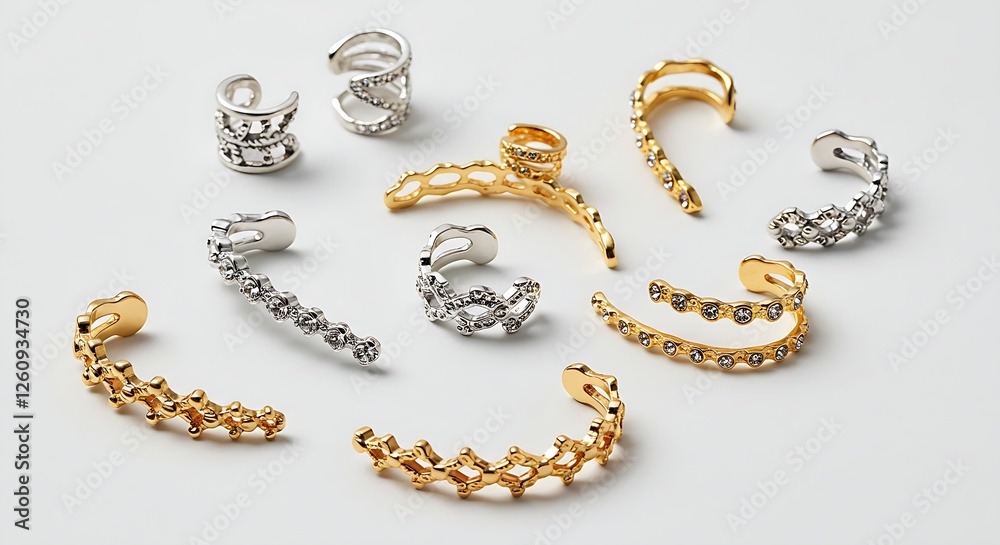 A collection of delicate ear cuffs in silver and gold tones, artistically displayed on a white backdrop. A collection of delicate ear cuffs in silver and gold tones, artistically displayed on a white backdrop.