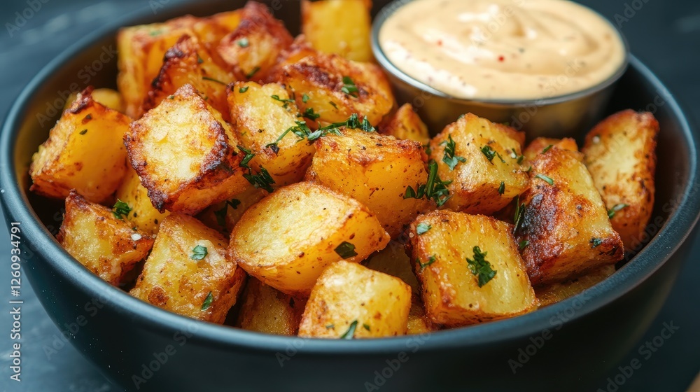 Patatas bravas, spanish deep fried potatoes with spicy sauce and garlic aioli Patatas bravas, spanish deep fried potatoes with spicy sauce and garlic aioli