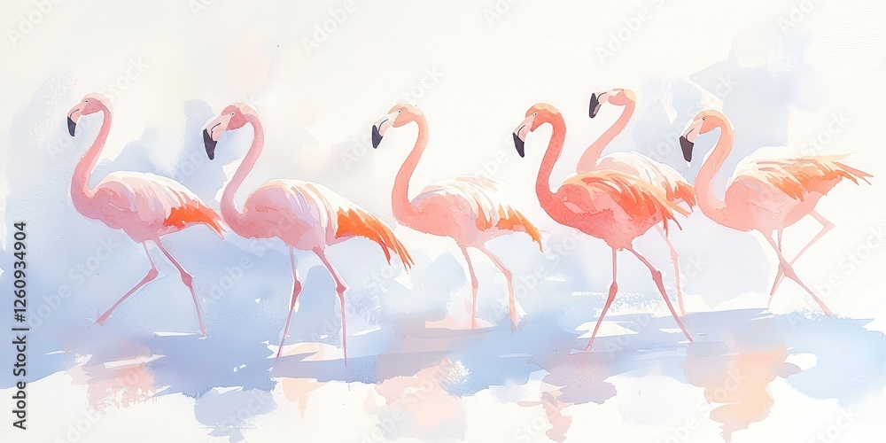 Obraz premium Flamingos walking together tropical wetlands digital art bright colors side view graceful movement