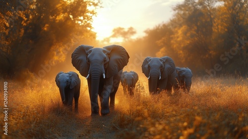 Elephants walking through golden grass during sunset in a serene landscape