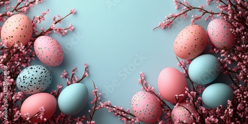 Colorful Easter eggs arranged with pink blossoms on a light blue background f...