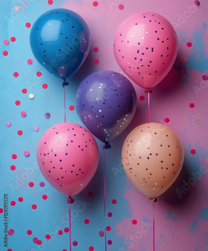 Colorful balloons with confetti on vibrant backdrop at a celebration event