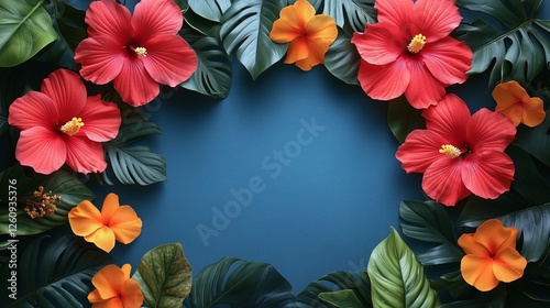 Bright floral arrangement with hibiscus and tropical leaves on blue background