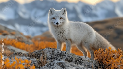 Arctic fox stands on rocky terrain with autumn foliage and snow-capped mounta...