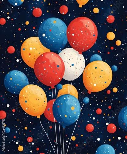 Colorful balloons floating in a dark starry background for a festive celebration