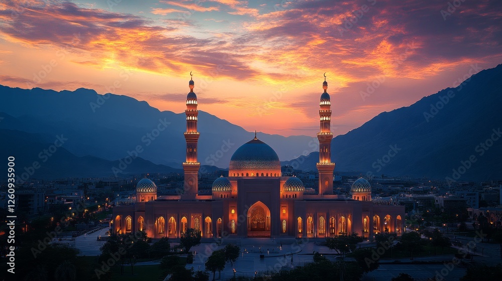Obraz premium Breathtaking dusk unfolds over a stunning eastern mosque during Ramadan, as colorful sunsets cast golden hues on majestic minarets and tranquil surroundings