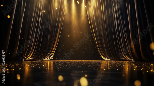 Luxurious stage backdrop with golden curtains and sparkling lights for award ceremonies, theater performances, and elegant event presentations