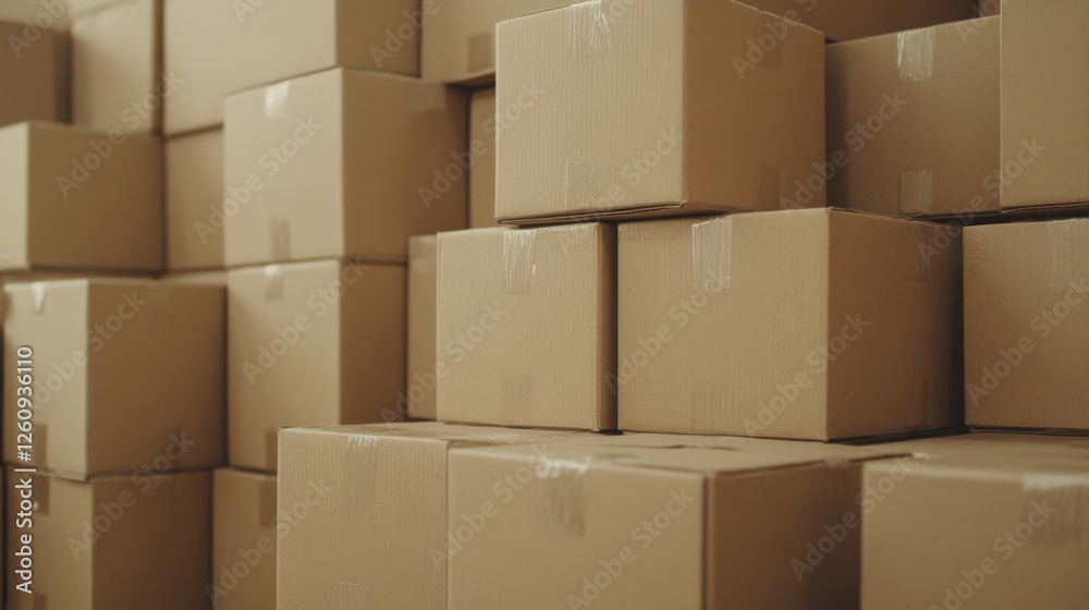Cardboard boxes stacked high in a warehouse. Possible use Stock photo for logistics, shipping, or storage Cardboard boxes stacked high in a warehouse. Possible use Stock photo for logistics, shipping, or storage