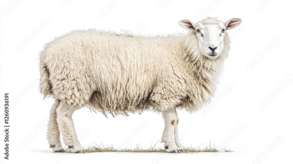 Fluffy White Sheep Standing Gracefully on a Farm Against a Clean White Background