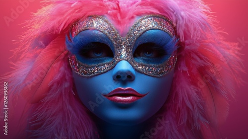 Colorful masquerade mask with intricate designs and feathers at a festive eve...