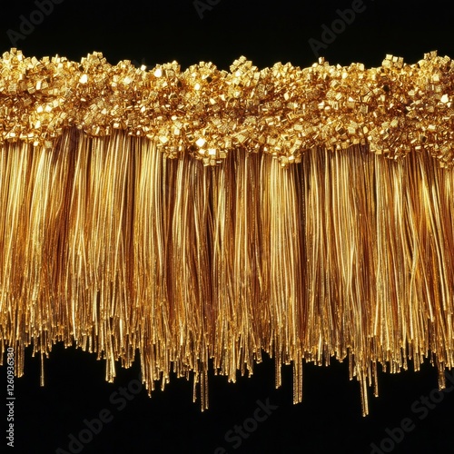 Close-up of shimmering gold beaded fringe on black background