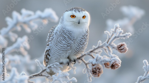 Snowy owl perched on frosty branch with striking amber eyes during winter