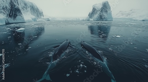 Two beluga whales surfacing in icy waters of the Arctic region during a foggy...