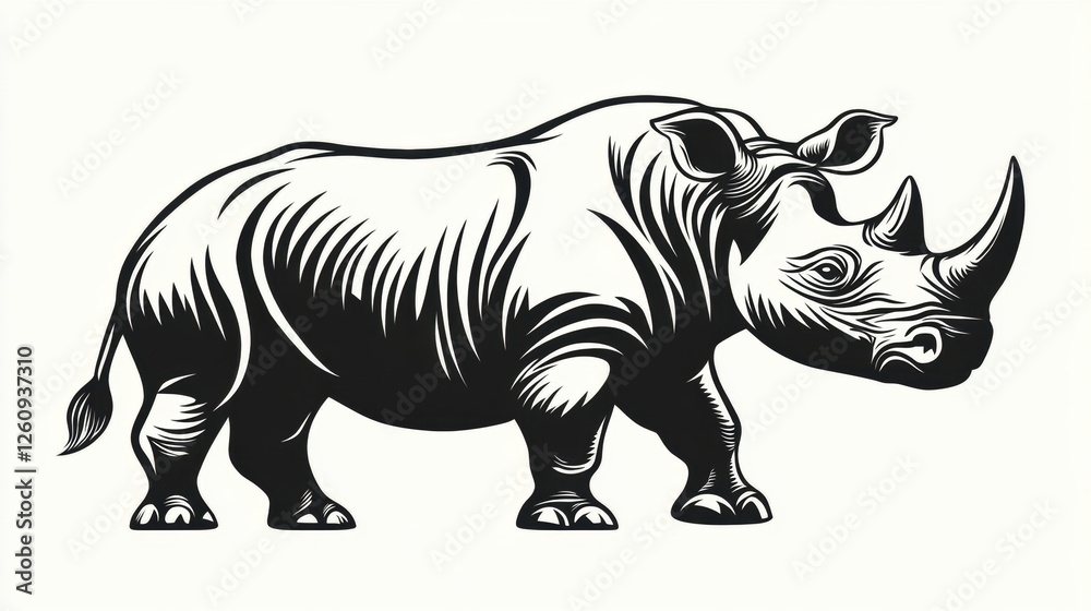 Fototapeta premium Detailed Black Illustration of a Rhinoceros in a Solid Stance with Emphasis on Strength and Size