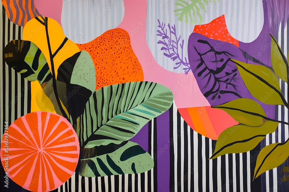 Abstract tropical landscape with geometric patterns, colorful foliage, oversized tropical fruits in pop art flat-color style, with peach, lavender, and lime green hues against dark stripes on a unique Abstract tropical landscape with geometric patterns, colorful foliage, oversized tropical fruits in pop art flat-color style, with peach, lavender, and lime green hues against dark stripes on a unique