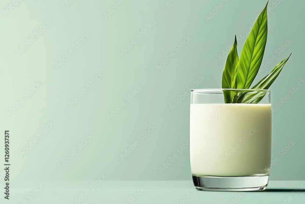 Delicate green leaves emerge from a refreshing glass of creamy beverage on a soft pastel background
