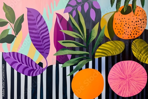Wallpaper Mural Abstract tropical landscape with geometric patterns, colorful foliage, oversized tropical fruits in pop art flat-color style, with peach, lavender, and lime green hues against dark stripes on a unique Torontodigital.ca