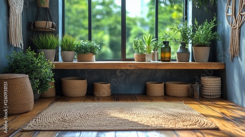 Cozy indoor garden with natural light and potted plants in a serene window no...