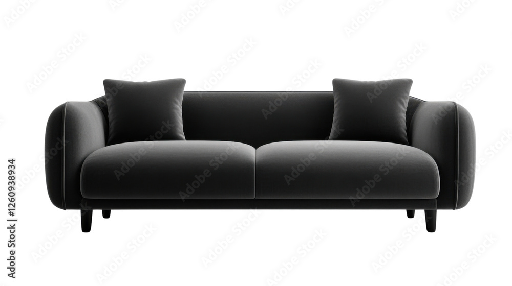 Fototapeta premium Modern black sofa with cushions isolated on transparent background