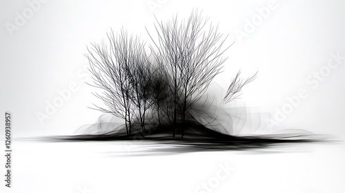 Abstract depiction of bare trees shrouded in swirling black mist against a white background