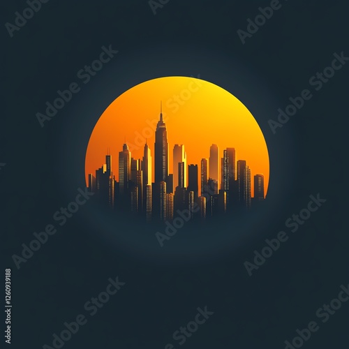 A stunning sunset silhouette of a city skyline, with towering buildings outlined against a vibrant orange sun, creating a captivating visual of urban architecture. photo