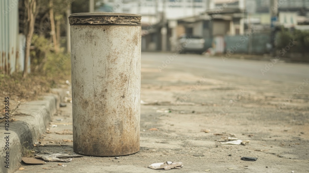 Dirty street curbside trash can, urban background Dirty street curbside trash can, urban background