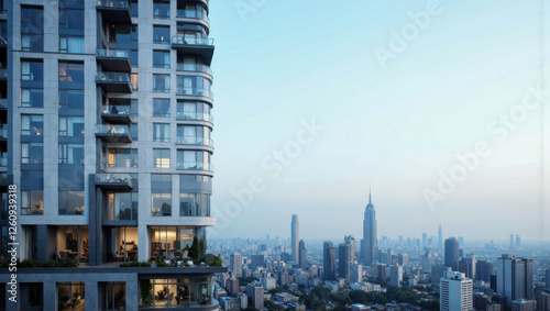 Modern high-rise apartment building overlooking city skyline at dusk photo