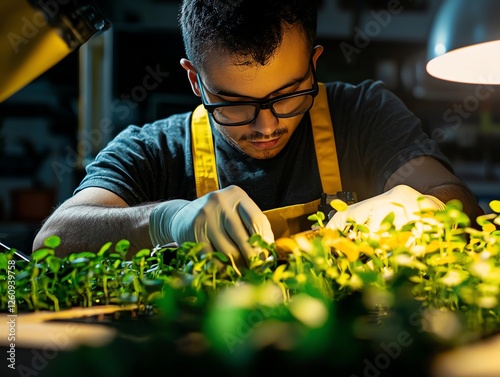 A dedicated young man carefully tending to vibrant seedlings in a well-lit workspace, highlighting the nurturing process of plant growth and cultivation. photo